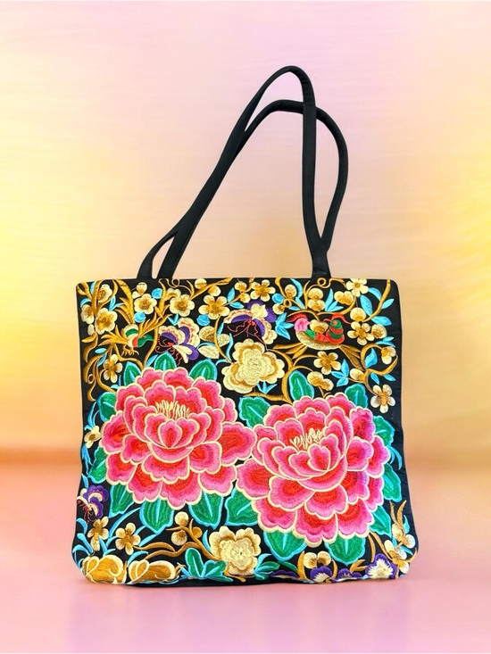 Handbags - Embroidered Floral Tote Bag in Black and Pink